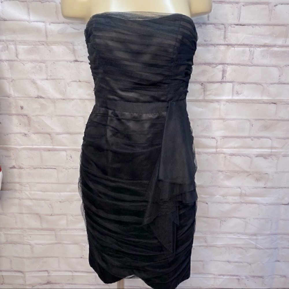 David’s Bridal strapless black tule mini dress.